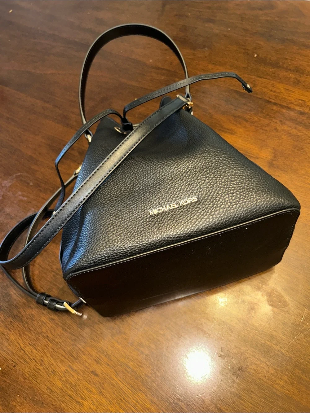 Michael Kors Black Pebbled Leather Bucket Crossbody with Gold Hardware